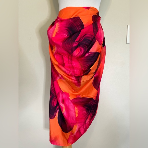 Pretty Little Thing Orange & Pink Abstract Print Ruched Midi Skirt - Picture 5 of 7